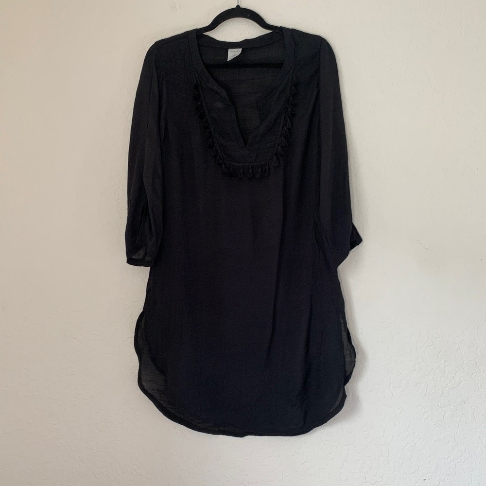 MERONA Tunic Swim Cover Up Beach Dress Women S Black Tassel V-Neck Sheer Coastal